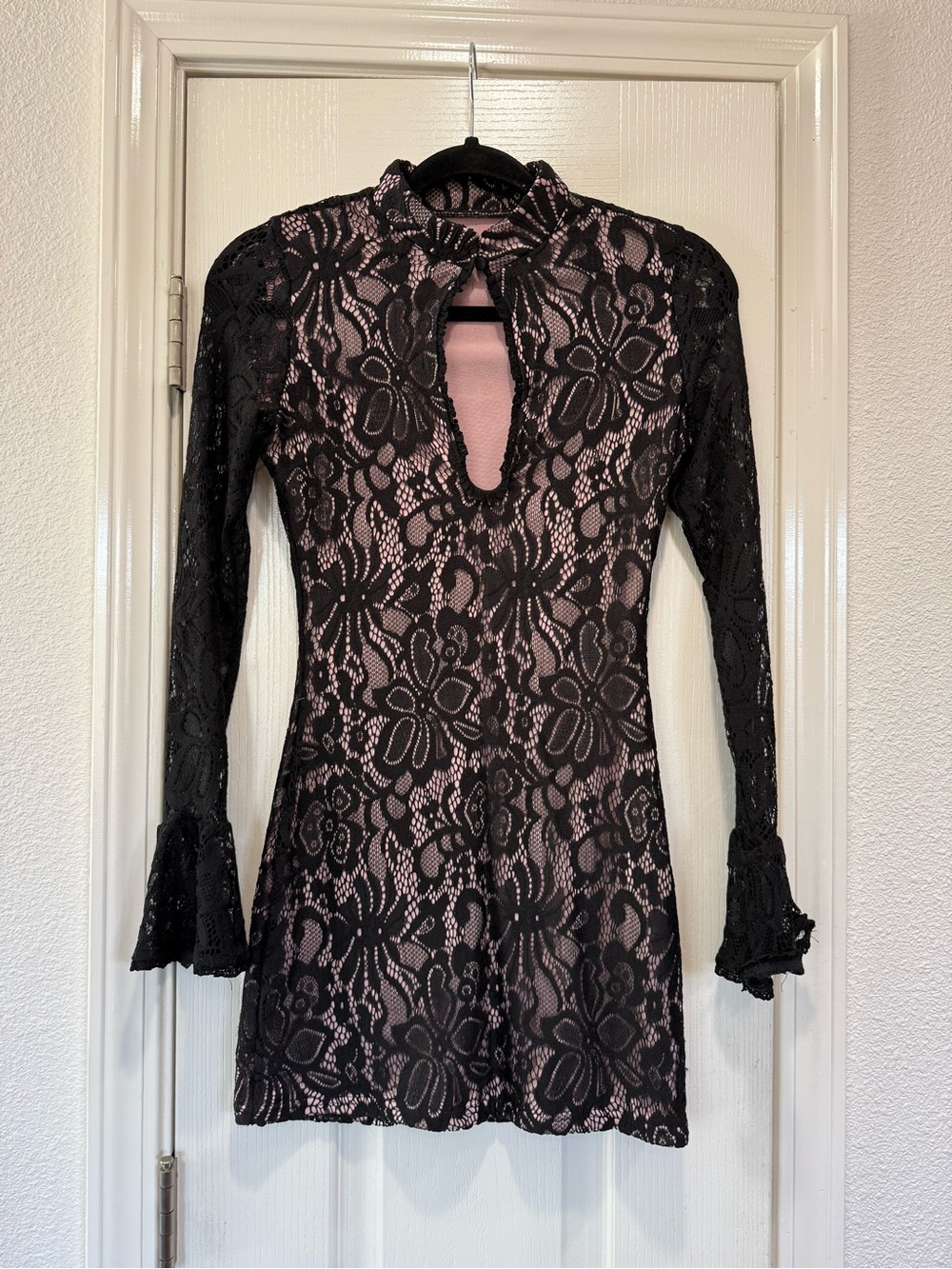 Black Lace Overlay Mini Dress with Blush Lining XS